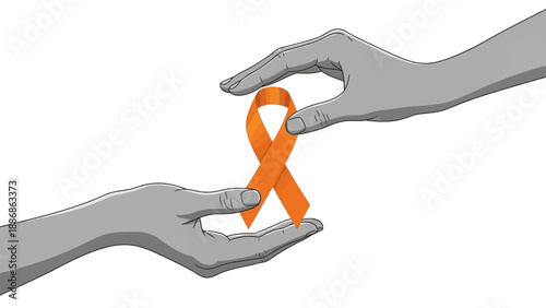 Two hands holding an orange ribbon symbolizing awareness and support