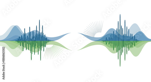 Visual representation of sound waves and data visualization in a graphic illustration format from a frontal viewpoint showcasing waves and bars