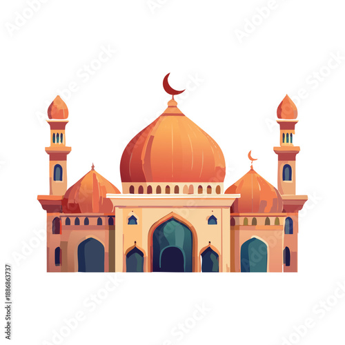 A vector illustration of the Taj Mahal in Agra, India, featuring its iconic dome and minarets as a historic travel landmark and architectural symbol of Asian heritage against a clear sky