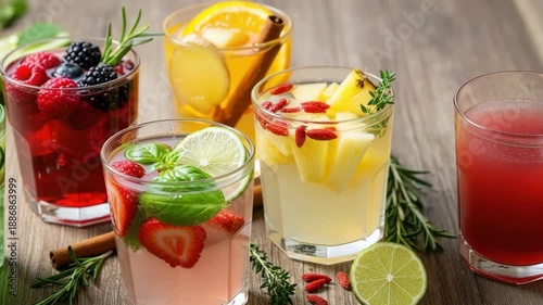 Refreshing fruit and herb infused drinks displayed on wooden surface