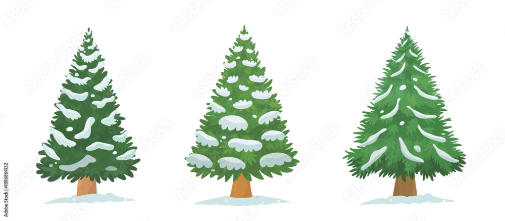Fototapeta premium Cartoon Christmas tree with snow. Vector hand drawn Christmas trees character illustration isolated on white background. Merry Christmas and happy New year.