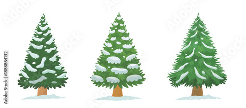 Cartoon Christmas tree with snow. Vector hand drawn Christmas trees character illustration isolated on white background. Merry Christmas and happy New year.