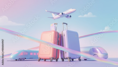 Iridescent suitcases on top passport and transport train bus and warning tape floating across in soft sky, restricted travel, global restrictions theme
