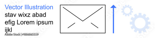 Business communication, email marketing, growth strategies, process optimization, automation systems, productivity enhancement. Envelope with upward arrow and gear symbols. Email marketing