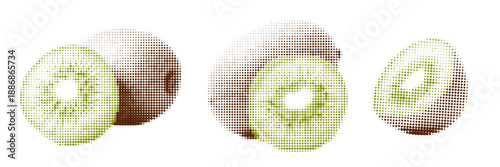 Halftone illustration of kiwi in different angles, set of kiwi, in pop art style. vitamin C,K,E,B. Retro dotted texture effect, green brown colors, isolated on white background, stylized fruit design.