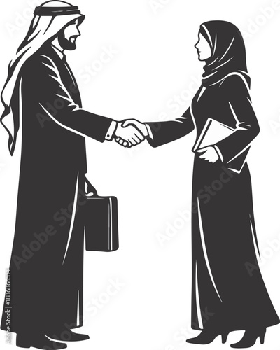Saudi Businessman and Businesswoman Handshake Before Meeting Vector Silhouette