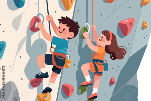 Two kids climbing indoor wall with colorful holds, safety harnesses, and cheerful teamwork.