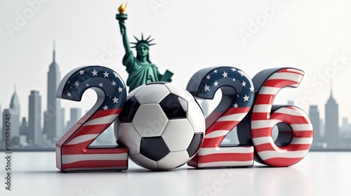 2026 soccer theme with American flag colors, soccer ball, and Statue of Liberty in New York City