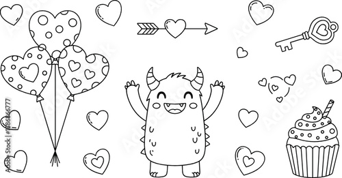 Cute love monster doodle set with hearts, balloons, cupcake, arrow, and key in black and white coloring page vector style