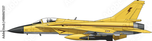 Modern fighter jet side view illustration featuring yellow military aircraft, advanced aviation technology and air force defense concept, detailed vector graphic isolated on white background