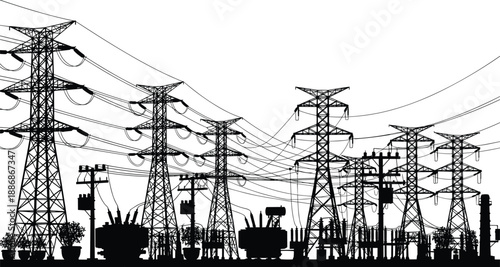 High voltage power transmission towers and electrical substation silhouette, complex energy infrastructure vector illustration for electricity distribution, industrial power grid, and utility 