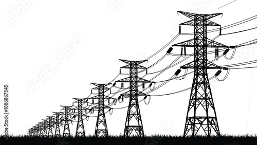 High voltage power transmission towers illustration, long distance electricity distribution network, industrial energy infrastructure landscape, black and white vector design