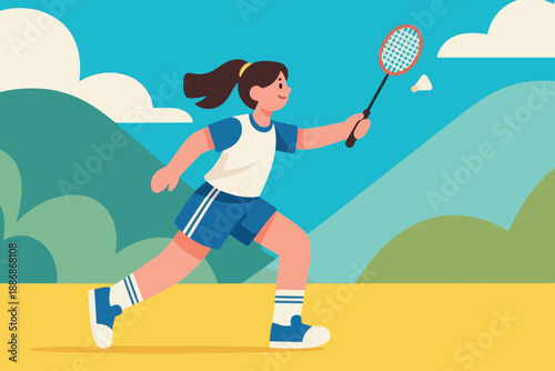 Girl playing badminton outdoors in sporty outfit, running to hit shuttlecock under sunny sky.