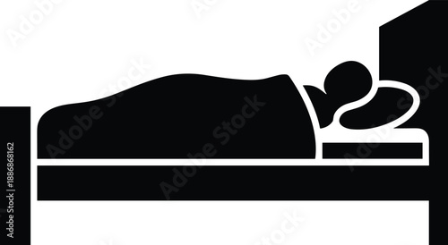 Sleeping person silhouette lying on bed with pillow and blanket, black rest and bedtime icon design for sleep concept, hotel service, bedroom symbol, and relaxation graphic use
