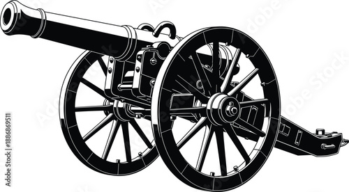 Historic artillery cannon silhouette, black vector illustration of antique military weapon on wheels, war history armament equipment, isolated detailed design
