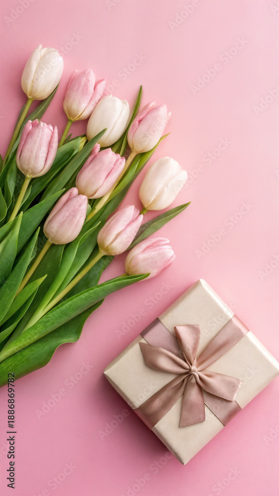 Fototapeta premium pink tulips and gift box 
