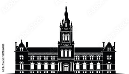 Historic Gothic institutional building silhouette, grand academic or government architecture landmark, symmetrical facade with central tower, heritage monument, black and white vector illustration