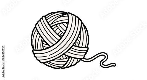 Simple black and white line drawing of a round ball of yarn with a single loose thread end representing knitting and hobby crafts.