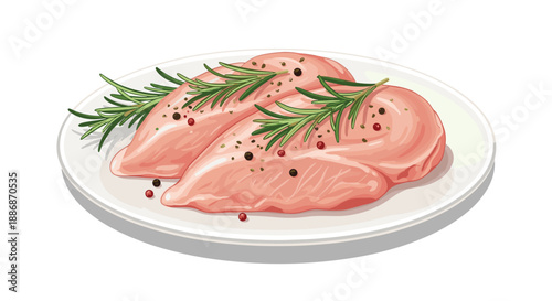 Two fresh raw chicken breast fillets placed on a white plate and seasoned with green rosemary sprigs and dark peppercorns for cooking.