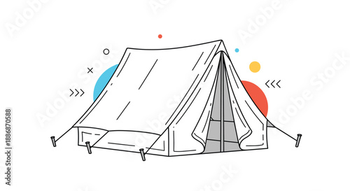 Simple line drawing of a camping tent with a flap open surrounded by abstract colorful geometric shapes for outdoor adventure themes.