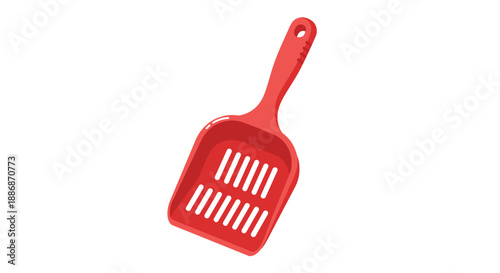 Red plastic pet litter scoop for cleaning cat boxes shown from a high angle view against a white background.