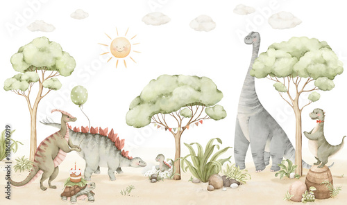 Tablou pe pânză Panoramic watercolor painting featuring cute dinosaurs, baby dino born, turtle with cake and dino with balloon