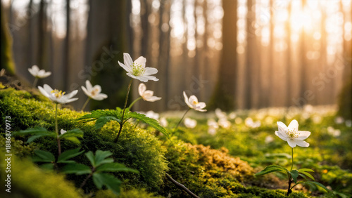 wild flowers in the forest. white anemones