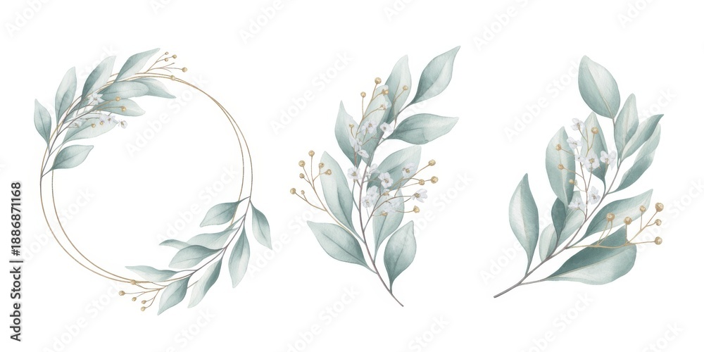 Fototapeta premium Delicate eucalyptus wreath and branches illustration