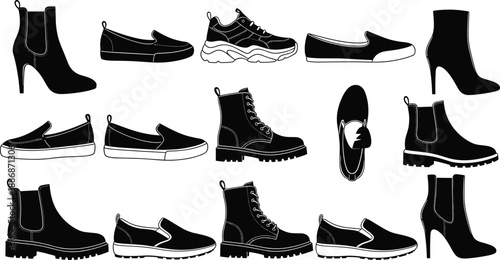 Various footwear silhouettes collection vector illustration, men and women shoes, boots and sneakers set, fashion footwear icons, black and white design