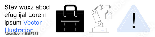 Automation, logistics, safety protocols, manufacturing, industrial processes, warning systems. A robotic arm, a bag icon and a warning symbol in simple vector style. Automation and logistics concept
