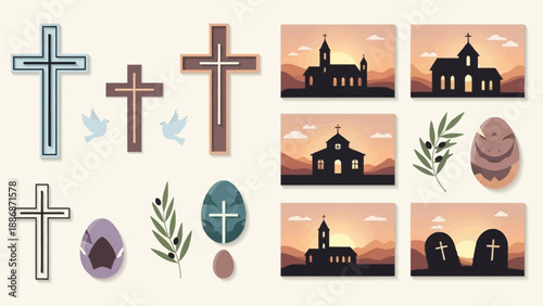 A collection of Christian and Easter-themed elements including crosses, church silhouettes, Easter eggs, olive branches, doves, and gravestones.