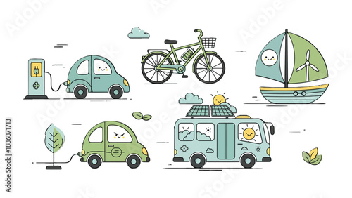 Eco-Friendly Transportation: A charming illustration showcasing an array of eco-friendly transport options, including electric car and bike, promoting sustainability and environmental consciousness.