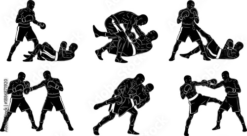 Vector Silhouette Set of Mixed Martial Arts and Boxing Action, Featuring Fighters Grappling, Punching, Kicking, and Clinching, Ideal for Sports and Fitness Design Graphics.