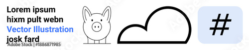 Cute cartoon pig face, bold cloud shape, and metadata tag symbol with placeholder text in modern visual style. Ideal for social media, technology, finance, environment, simplicity, branding simple