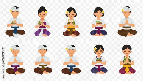 Cartoon illustration of Balinese people in traditional attire, sitting in prayer or meditation pose with offerings, on a transparent background.