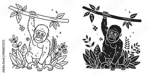 Monkey hanging from branch in jungle foliage illustration