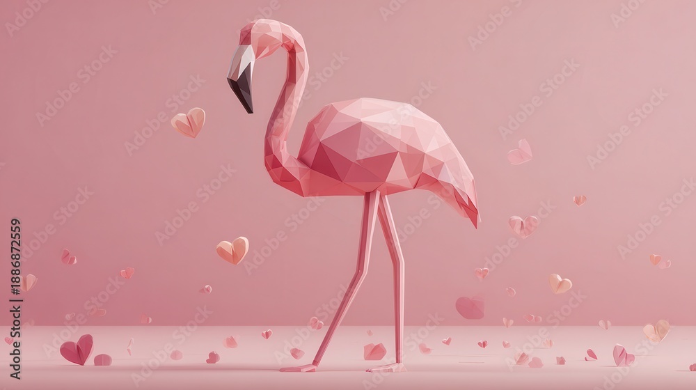 Obraz premium A stylized pink flamingo stands amidst scattered pink hearts, creating a whimsical and playful atmosphere.