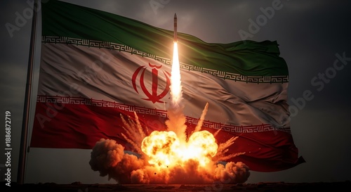Rocket launch with Iranian flag background