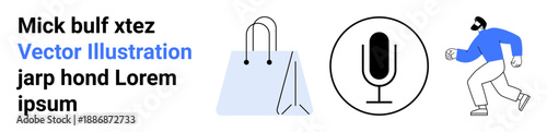 E-commerce, podcasting, fitness, branding, minimalism, lifestyle. A shopping bag, microphone icon and dynamic figure in motion. E-commerce and podcasting through clean modern visuals