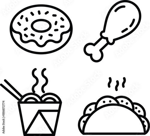 Line vector icon set featuring a glazed donut, fried chicken leg, takeout noodles, and a Mexican taco