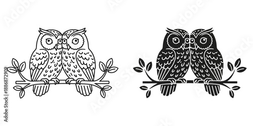Two adorable owls perched on branch with leaves in black and white