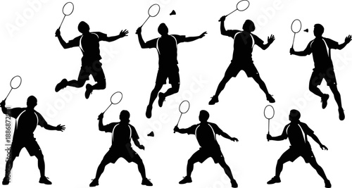 Vector silhouettes set of male badminton players in multiple dynamic poses, jumping and hitting the shuttlecock with rackets, illustrating intense competition, sport action, and physical fitness