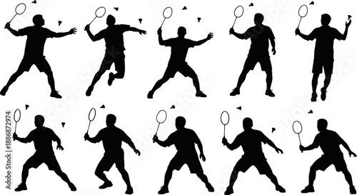 Vector silhouettes set of male badminton players in multiple dynamic poses, jumping and striking the shuttlecock with rackets, illustrating intense competition, sport action, and physical fitness