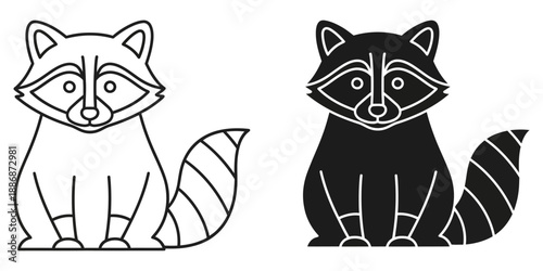 Cute raccoons in modern line art style for coloring book