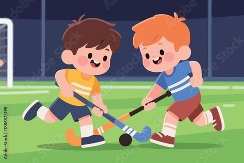 Two kids playing field hockey on green grass with sticks and ball, smiling in front of goalpost.