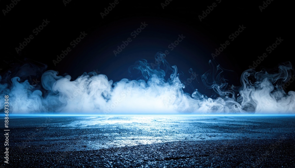 Fototapeta premium Ethereal blue mist rolls across a dark, wet textured surface