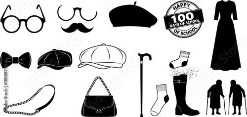 Vintage accessories and elderly fashion silhouette vector set, retro clothing items mobility aids icons illustration, black and white lifestyle collection