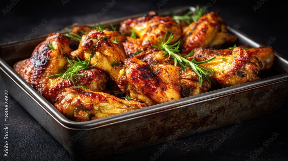 Fototapeta premium Crispy baked chicken wings with rosemary in metal tray.