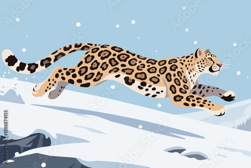 Snow leopard leaping across snowy terrain with spotted fur, falling snow, and rocky mountain backdrop.