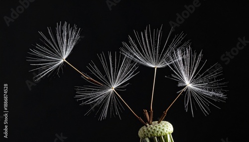 Close-up of dandelion seed head with attached achenes and feathery pappus against black background.